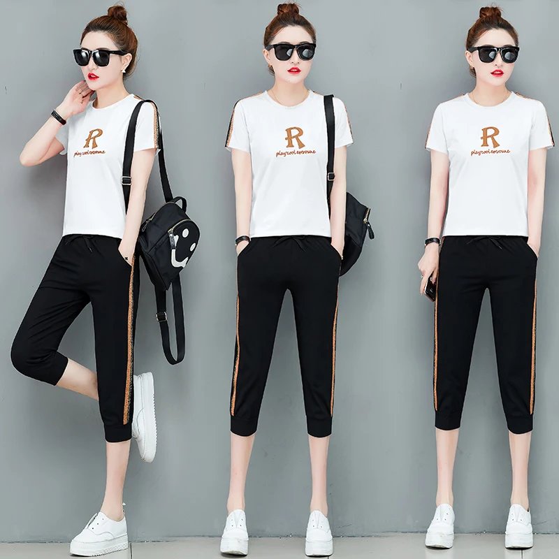 

white 2019 Summer Two Piece Outfits Tracksuits for Women Plus Size Big Wide Pants and Top Sportswear Co-ord Set Letter Clothes