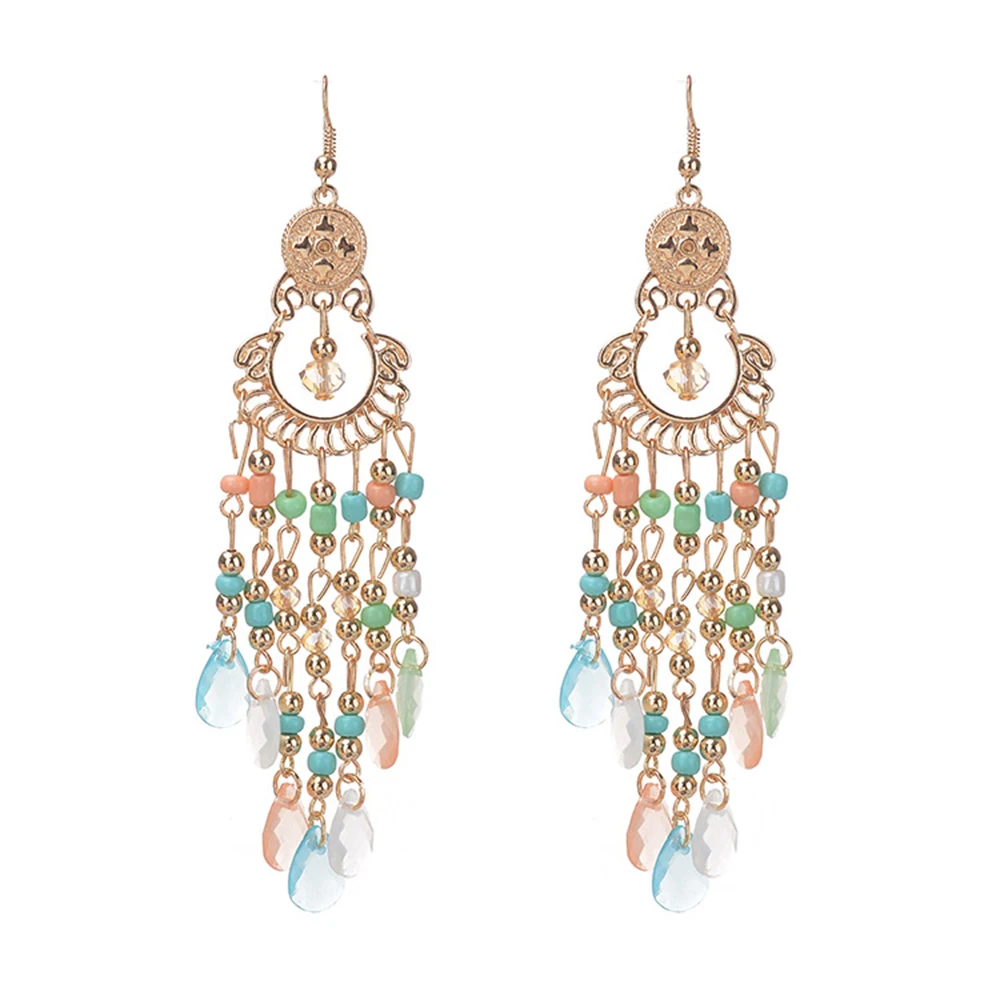 

Fashion party women jewelry retro bohemian alloy beaded women sweet long tassel earrings aretes de mujer kolczyki ohrringe SP080