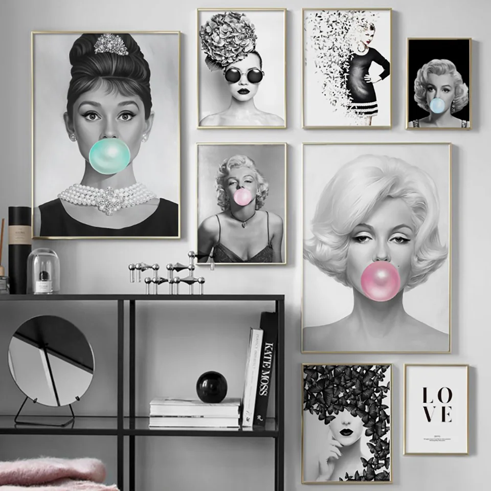 Blanco-y-Negro-Marilyn-Monroe-Audrey-Hepburn-Lona-de-arte-de-pared-de-pintura-n-rdica