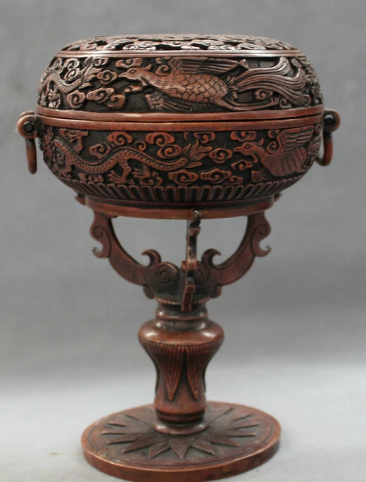 

USPS to USA S1376 8" Folk Chinese Bronze FengShui Dragon Phoenix Statue Box Incense Burner Censer B0401