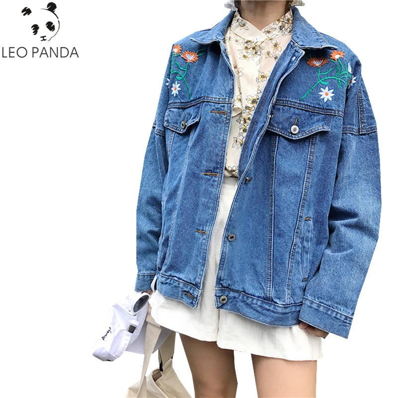Women/'s Embroidered Loose Jacket Casual Oversize Denim Jeans Coat Outwear