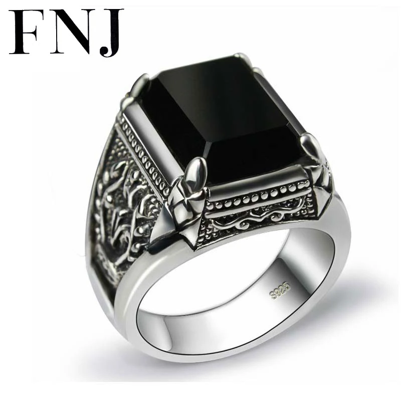 Anillo de piedra negra para hombre, de Plata de Ley 925, marcasita, Punk, anillos de plata tailandesa pura S925 para hombre, silver ring|ring 925stone ring -
