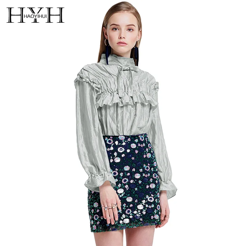 HYH HAOYIHUI 2018 Новое поступление гладкие блестящие оборки пэчворк консервативный Топ