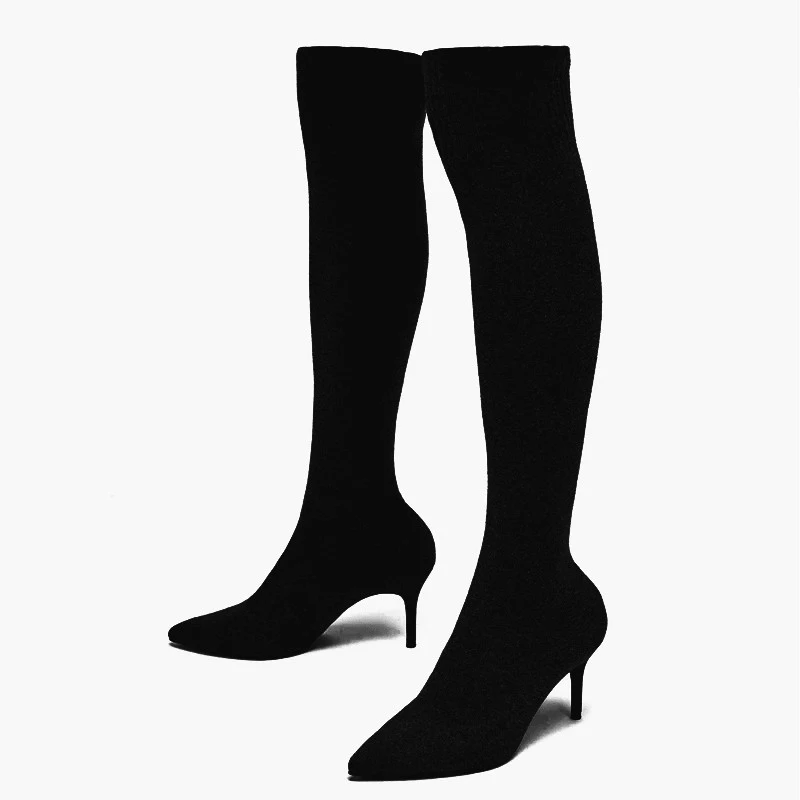 Эластичный вязаный носок сапоги осень Для женщин тонкую ногу обувь на высоком каблуке сапоги до бедра из эластичной ткани женские ботфорты WB1399