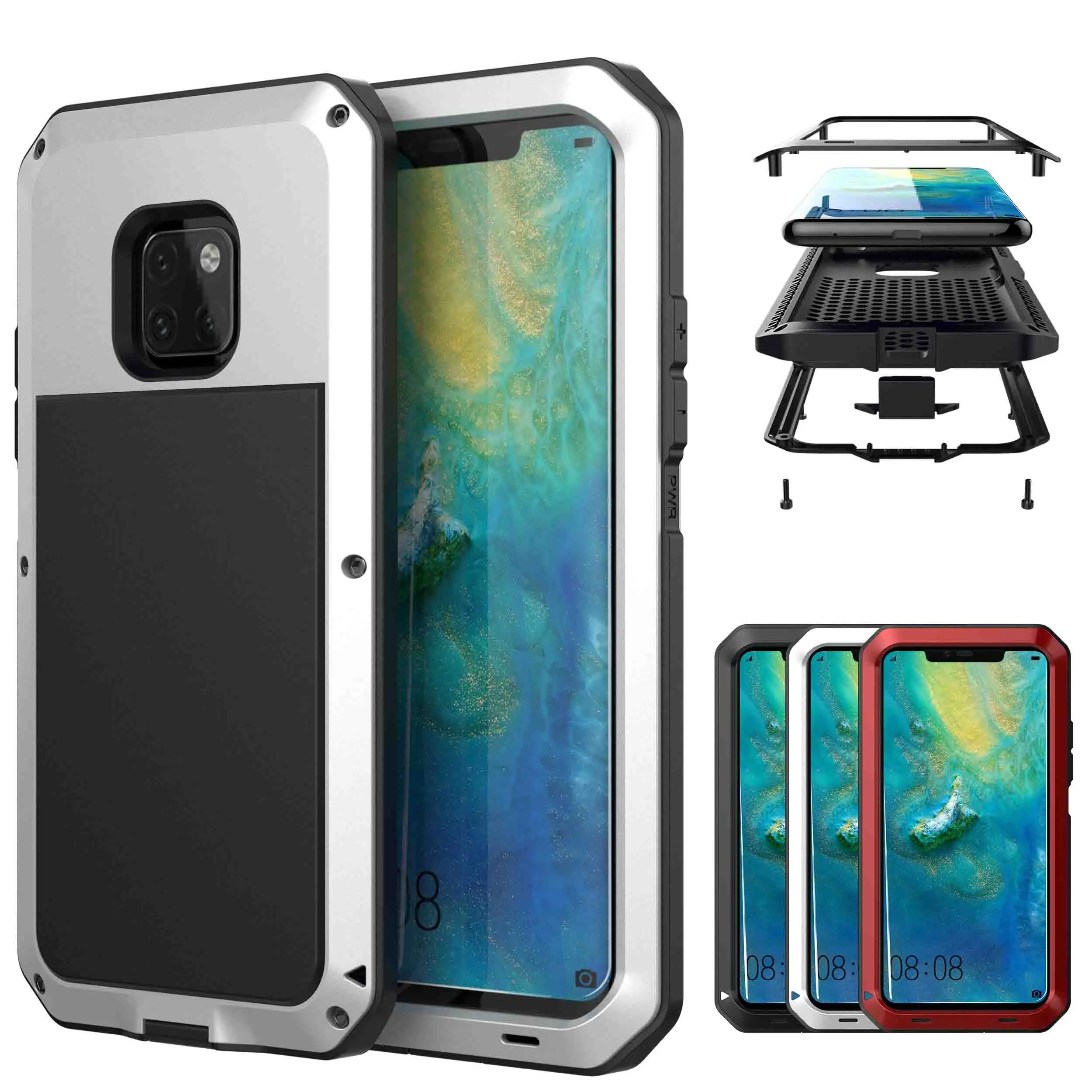 

For Huawei P30 Pro Mate 20 Pro Metal Aluminum Armor Shockproof Heavy Duty Waterproof Case protective Cover+Tempered glass
