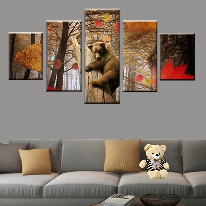 

Nordic poster 5 panel animal cute bear in tree and maple landscape picture modular decorative canvas painting HD print wall art