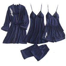 Daeyard женские пижамы 5 шт. атласные пижамные комплекты пижамы шелковые Домашняя одежда вышивка сна Lounge сексуальные кружевные пижамы ночное белье