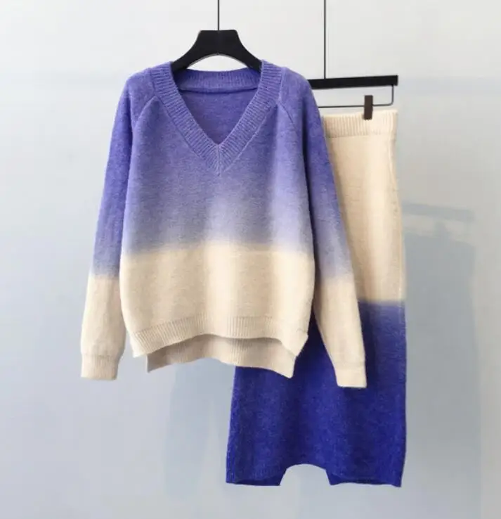 

2018 New Autumn and Winter Women's Gradually Changing Color Pullover Sweater +Knitting Skirt Two-piece Female Skirt Suits