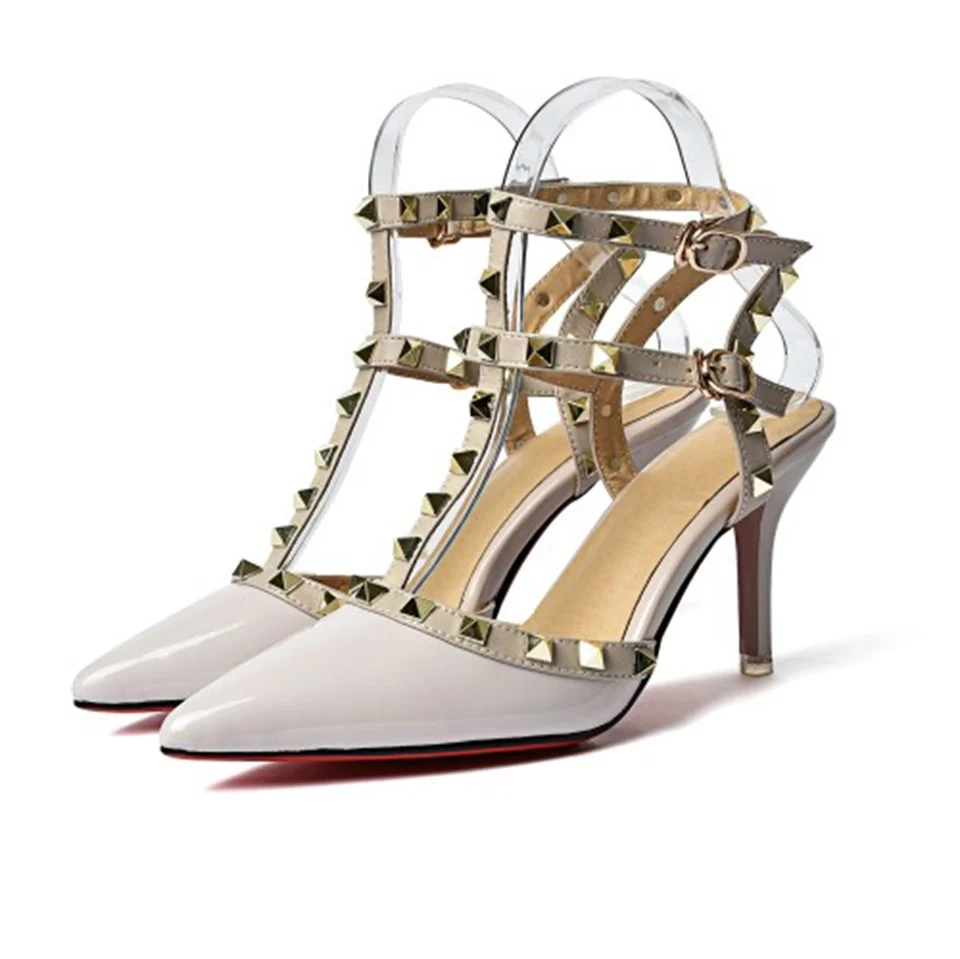 

Summer women's sandals fashion rivets decorative pointed toe buckles high heel sandals women's shoes size 33-43