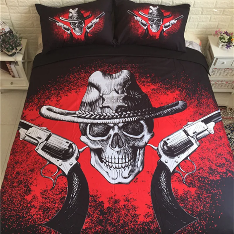 

Skull and Gun Pattern Bed Sheet Black and Red Duvet Cover Sets for King/Queen Size Bed Europe Style Bed Set Luxury Home Textile