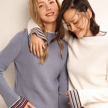 

JECH 2018 autumn and winter new cashmere wool sweater pullover large size loose fashion soft color sleeve round neck sweater