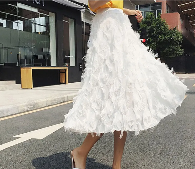 Fashion 2019 Summer Women Casual Feather Appliques Midi Skirt Sweet High Waist Patchwork Solid A Line Skirts Fashion 2019 Summer Women Casual Feather Appliques Midi Skirt Sweet High Waist Patchwork Solid A Line Skirts