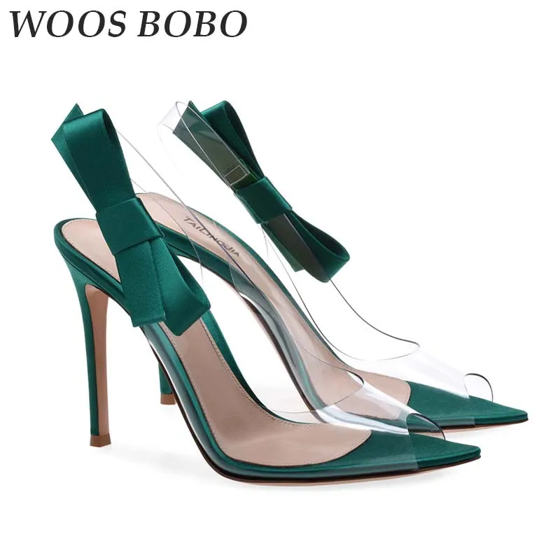 

Summer Fashion Womens High Heel Sandals Transparent PVC Pointed Toe Open Toe Ladies Party Heels Bowknot decorate Plus Size 34-46
