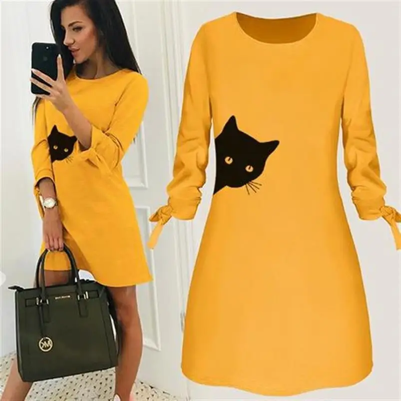 Comprare Lettere gatto Girocollo Vestito Dalla Stampa del Vestito di Colore Solido Delle Donne di Estate Abiti Da Spiaggia Flamingo Boho