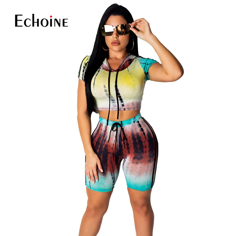 

2019 Casual Two Piece Set Summer Women Set Shorts and Crop Top Set Tie Dye Printed T Shirts 2 Piece Outfits Hooded Tracksuit