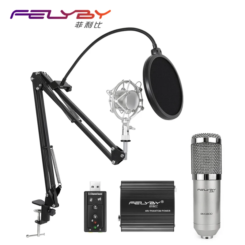 FELYBY Professional BM 800 Condenser Microphone sound studio recording broadcasting with stand 48V phantom power for PC Laptop FELYBY Professional BM 800 Condenser Microphone sound studio recording broadcasting with stand 48V phantom power for PC Laptop