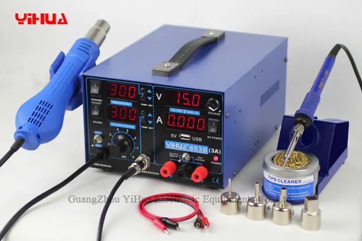 YH-853D 3A USB 3 In 1 Hot Air Solder Rework Station Heat Gun + Soldering Iron 15V A Regulated Power | Инструменты