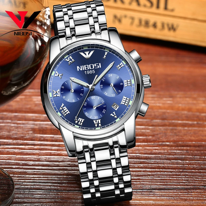 Relojes Hombre 2018 NIBOSI синие часы Лидирующий бренд роскошные стальные водонепроницаемые