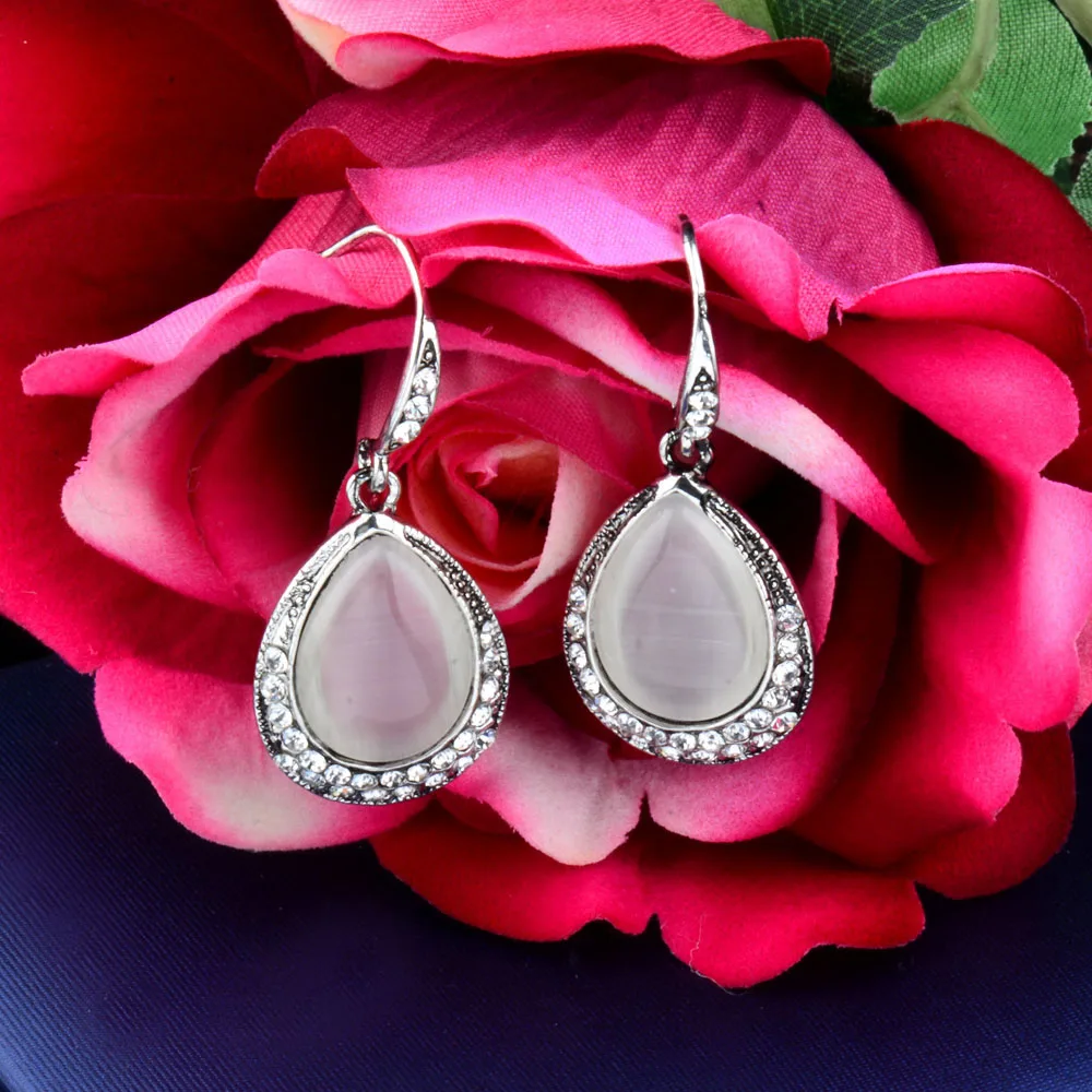 SINLEERY Vintage Water Drop Opal Stone Dangle Drop Earrings for Women Antique Silver Color Jewelry Accessories ES527