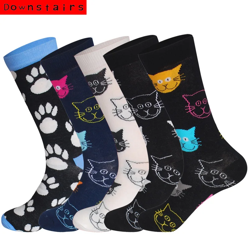 

Downstairs 5Pairs/lot Streetwear Unisex Happy Socks Women Harajuku Hip Hop Fashion Designs Cats Sox Korean Style AB Socks