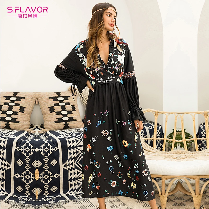 

S.FLAVOR Floral Print Maxi Long Dress Women V-Neck Long Sleeve Sexy Black Dresses 2019 Spring Fashion Vestidos De Fiesta Female