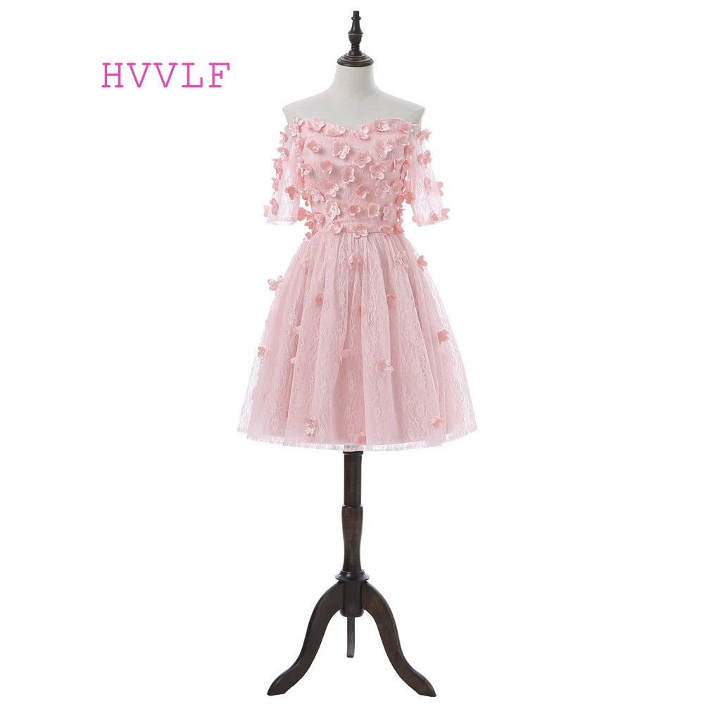 

Pink 2019 Homecoming Dresses A-line Sweetheart Short Sleeves Short Mini Lace Flowers Beaded Elegant Cocktail Dresses
