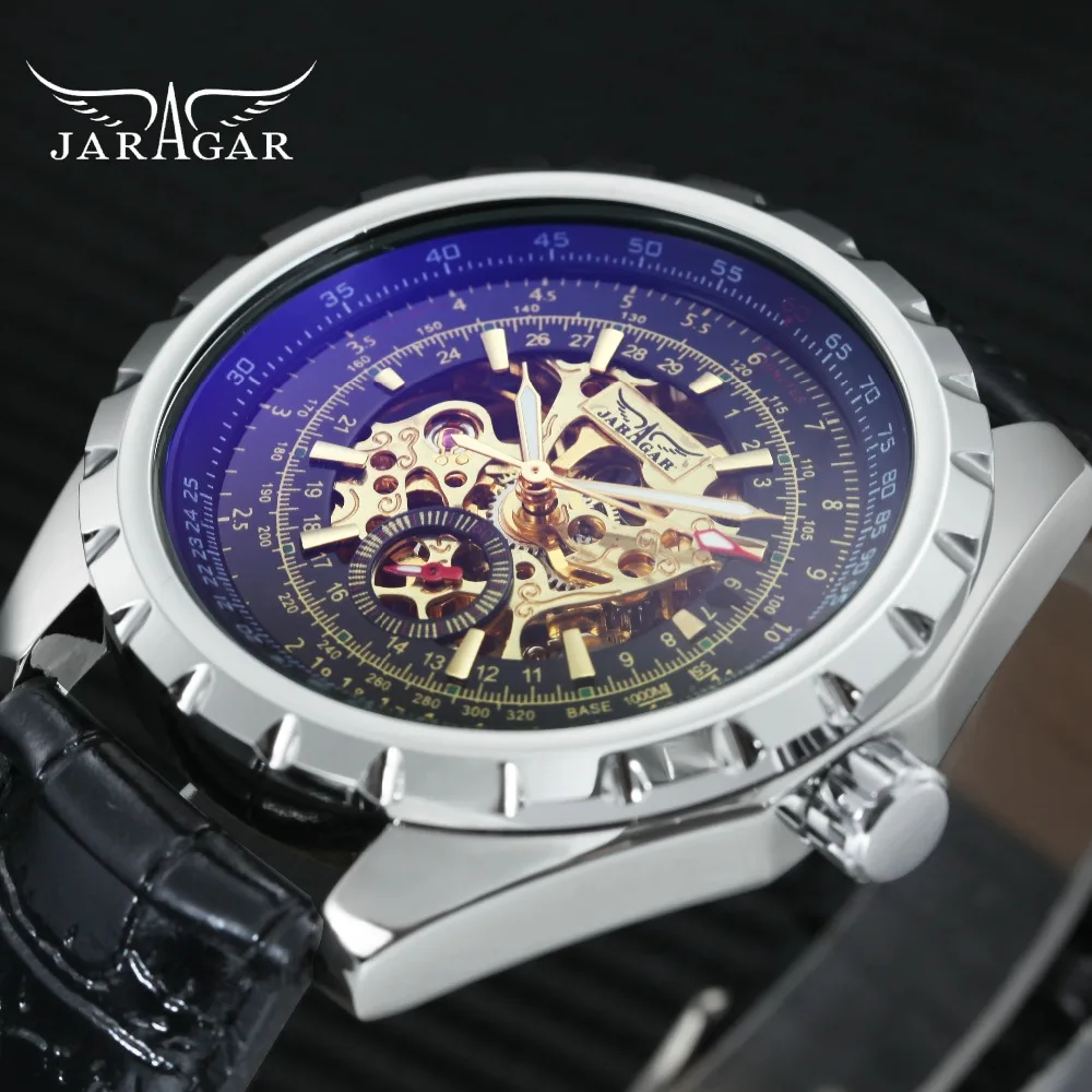 

JARAGAR Sport Watch Men Leather Strap Golden Skeleton Dial Auto Mechanical Mens Watches Top Brand Luxury relogio masculino
