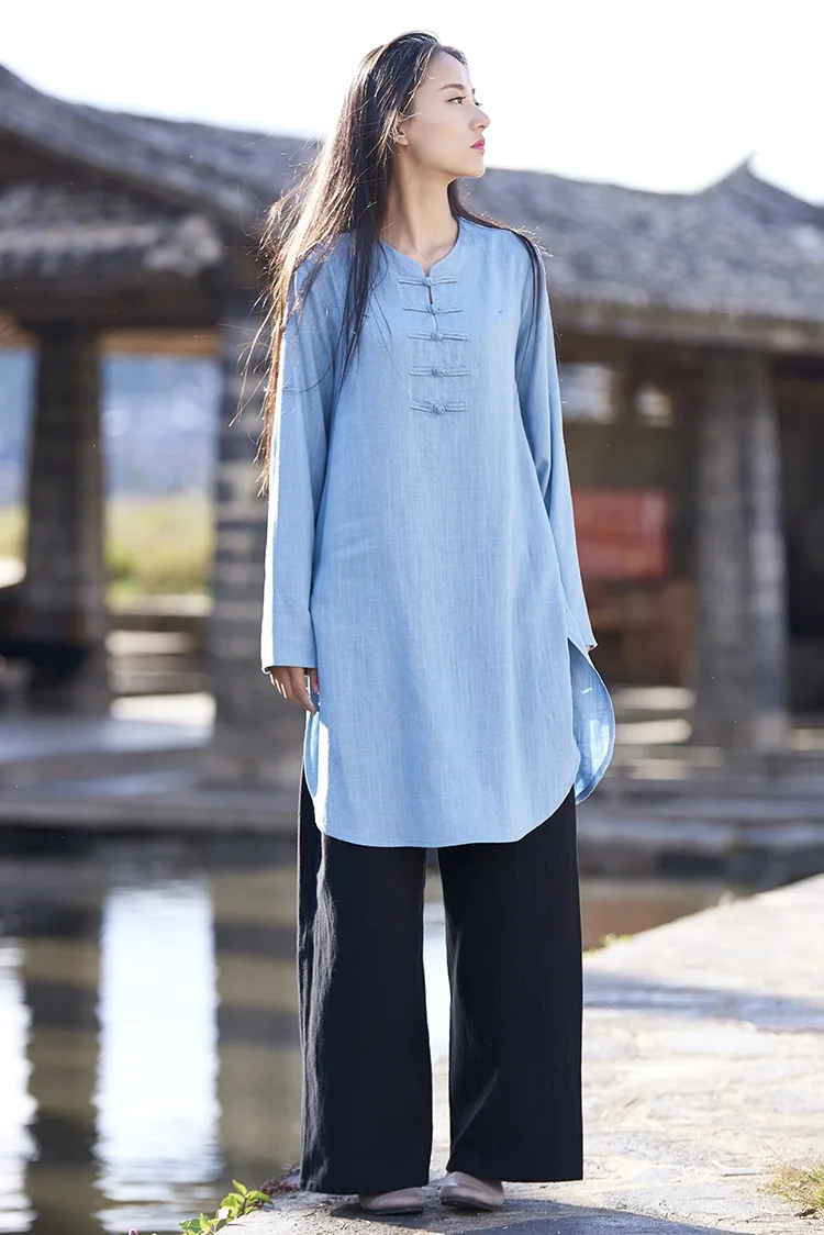 Китайский стиль, длинный рукав, хлопок, лен, Женская Удлиненная блуза, юбка, винтажный дизайн, Повседневная рубашка, однотонные женские топы, Blusas B171