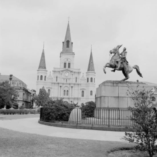 USA  Louisiana  New Orleans  Jackson Square  Statue of Andrew Jackson near St. James Cathedral Poster Print (18 x 24)