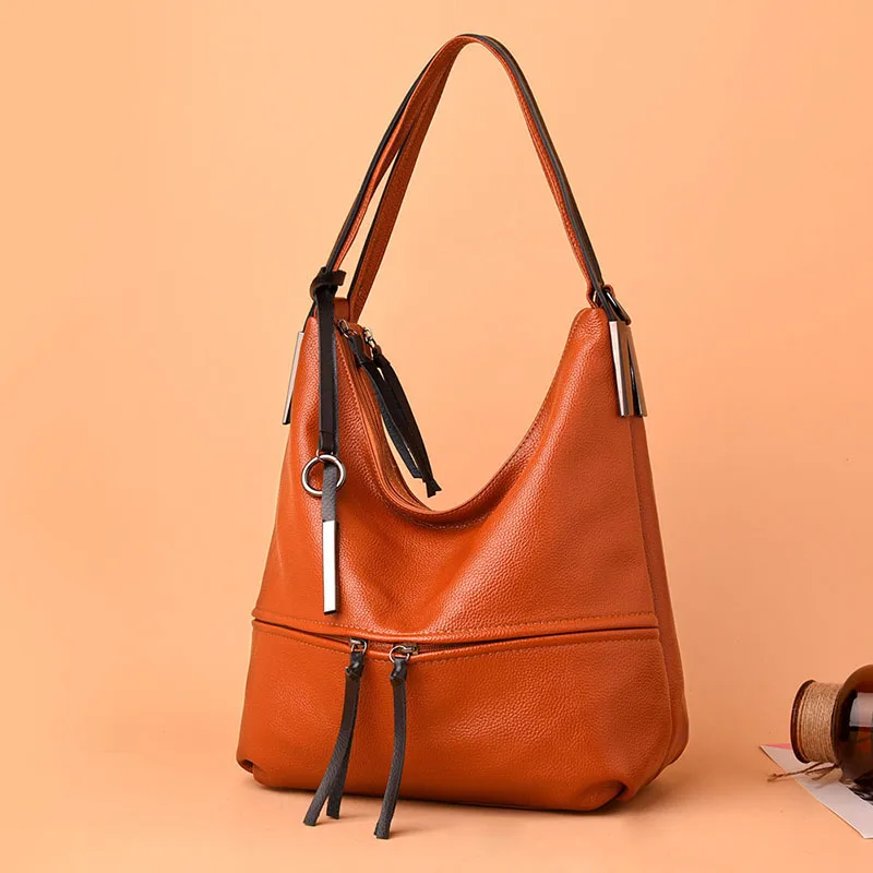 

soft real leather bags women shoulder tote shopping bucket bag solid new zipper half-moon fashion handbag travel office bag