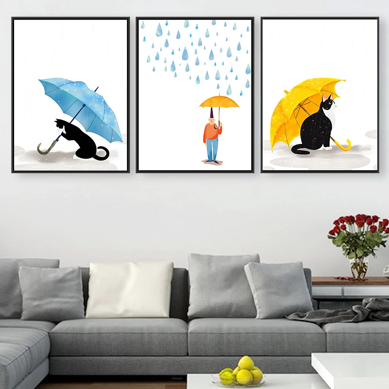

Watercolor Animals Pictures Kawaii Cats Rain Umbrella Cute Poster For Living Room Nordic Decor Canvas Painting Nursery Wall Art