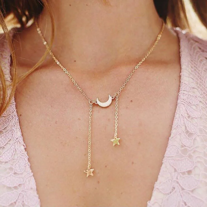 

N011 Moon & Five-Pointed Star Chain Necklace Fashion Jewelry Gold Silver Color Simple Pendant Necklaces For Girl Gift