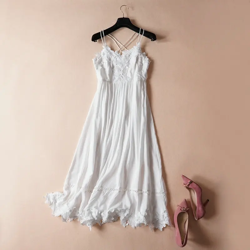 

2018 summer new female Spaghetti Strap V-neck lace stitching chiffon dress women's solid color bohemian dresses