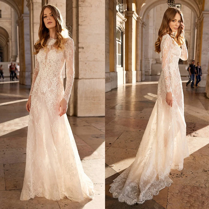 

Long Sleeve Lace A-line Dress Woman Bride Smaid Wedding Party Dress White Dresses Sexy Lace Perspective Women High Waist Vestido