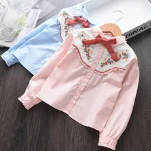 Лидер продаж, новейшая Детская рубашка с вышивкой Новое весеннее платье г., Детская куртка с галстуком для девочек рубашки с длинными рукавами Блузка для девочек