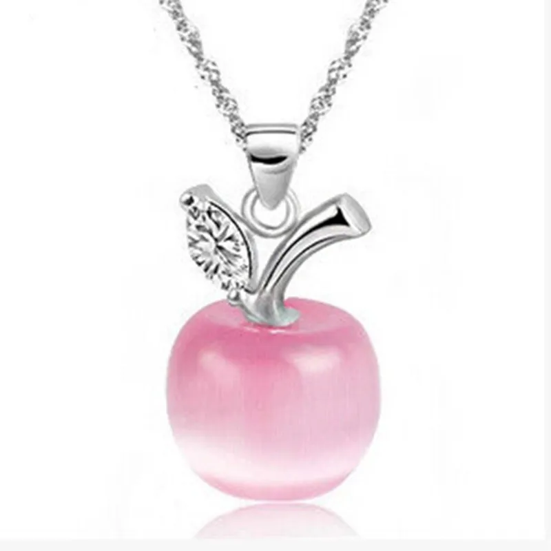 

New 925 Sterling Silver Apple Cat Eye Crystal Pendant Female Fashion Fruit Short Necklace Chain Necklace Accessories for women