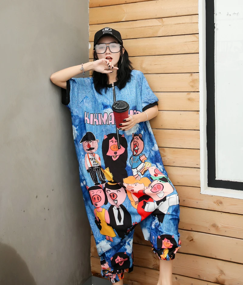 

High Street Hip Hop Cartoon One Piece Overalls Women Plus Size Loose Short Sleeve Jumpsuit New Design Summer Baggy Pants Thin