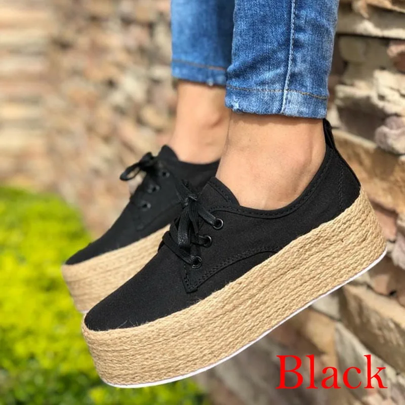 Laamei Women Espadrille Shoes Canvas Thick Bottom Flats Shoes Girls Lace Up Round Toe Casual Flats Plus Size Drop Shipping