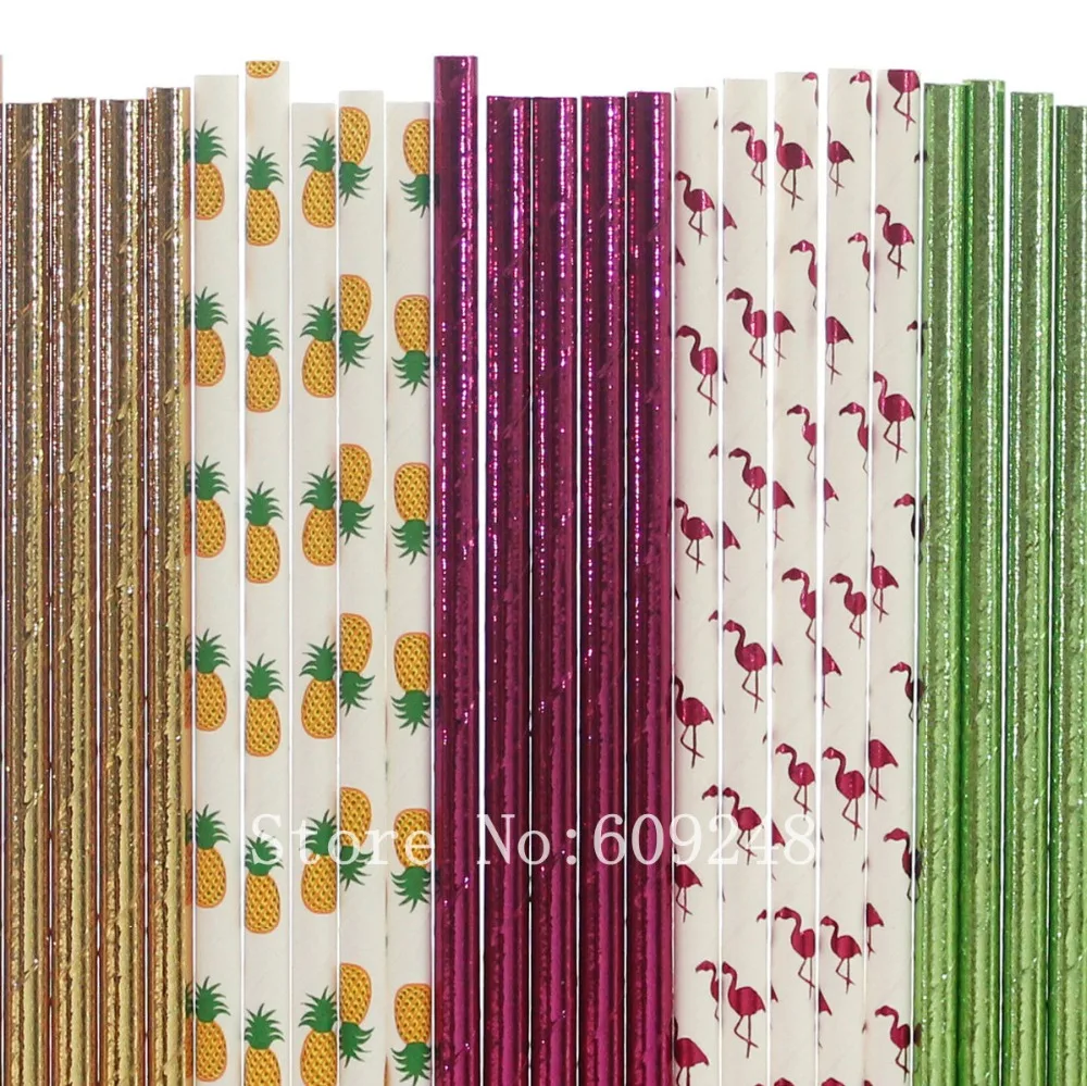 125pcs Party Paper Straws Mix Pineapple Solid Color Plain Green Gold Foil Hot Pink Flamingo Birthday Baby Shower Pool Decor | Дом и сад