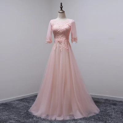 Robe de soiree серое длинное с круглым вырезом на шнуровке аппликация вечернее платье букет вечернее платье vestido de festa платья для выпускного вечера - Цвет: Pink