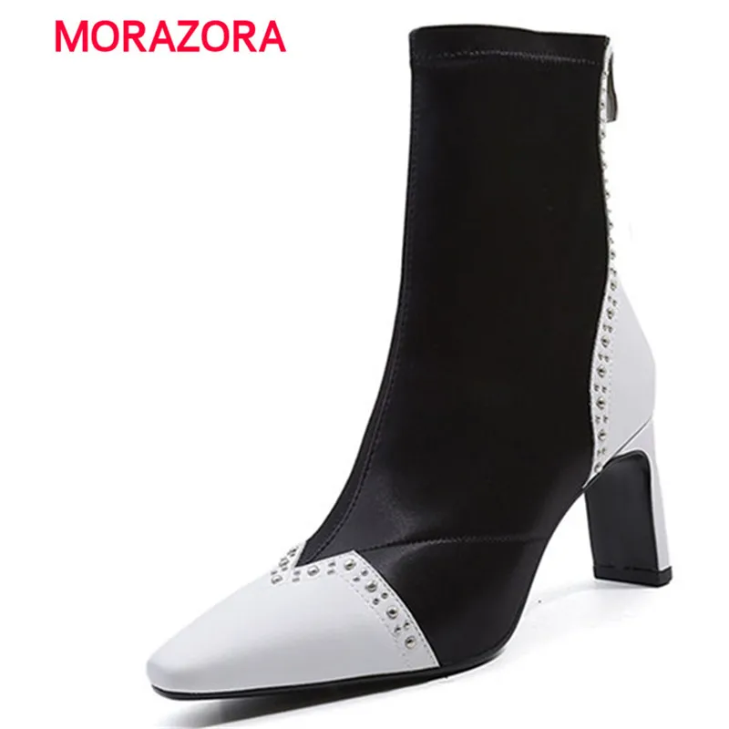 

MORAZORA big size stretch fabric+genuine leather boots super high heel women boots autumn winter metal decoration zipper boots