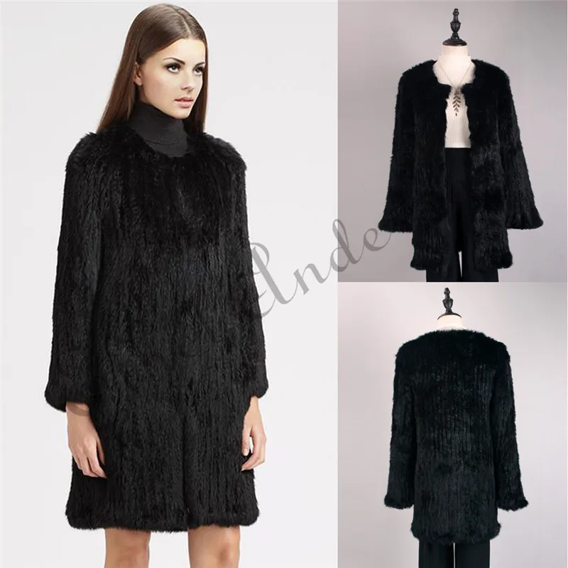

Womens Knitted Real Rabbit Fur Coat O-Neck Long Jacket Cardigan Pocket Luxury Top Size S-XXL Ladies Casual Fur Overcoat Jacket