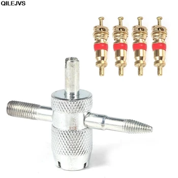 

QILEJVS 4 Way Car Bike Tyre Valve Repair Installer Tire Remover Tool and 4 Valve Stem Core New