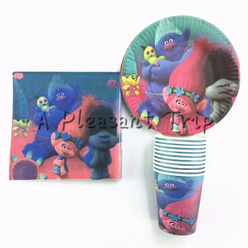 

60pcs/lot supplies paper plate + paper cups+ paper napkins for 20 people cartoon Trolls Theme kids birthday party