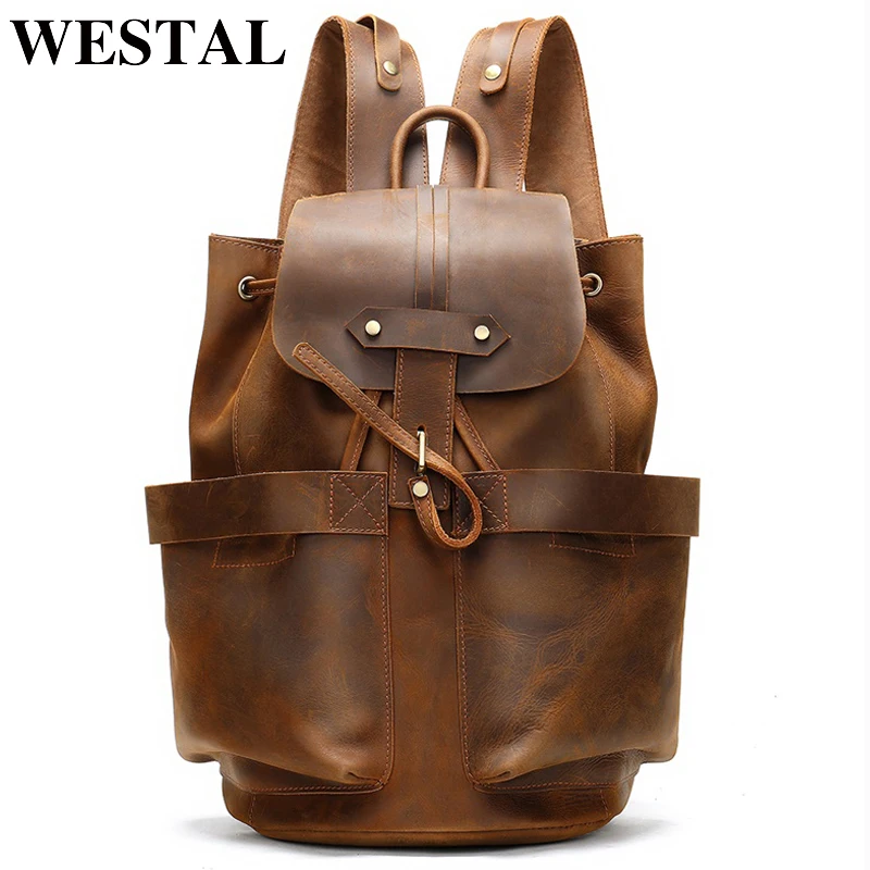 

WESTAL 100% Crazy Horse Leather Backpack for Men Large Capacity School Bags Rucksack String Laptop Backpack Leather Bagpack 2946