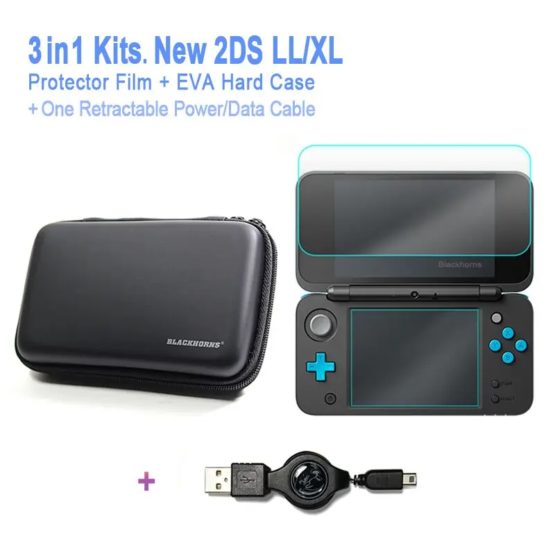 

Game accessories New 2DS LL Hard Case + Retractable Cable + Glass Screen Protector, All for Nintendo New 2DS LL/XL