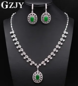 

GZJY Gorgeous Wedding Party Jewelry Sets White Gold Color Oval Green Stone Zircon Necklace Earring Sets For Women