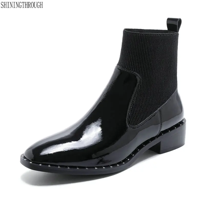 

Boots Women Genuine Leather Ankle Boots for Women Heels Round Toe rivet Chelsea Boots Female Spring Autumn Shoes Women