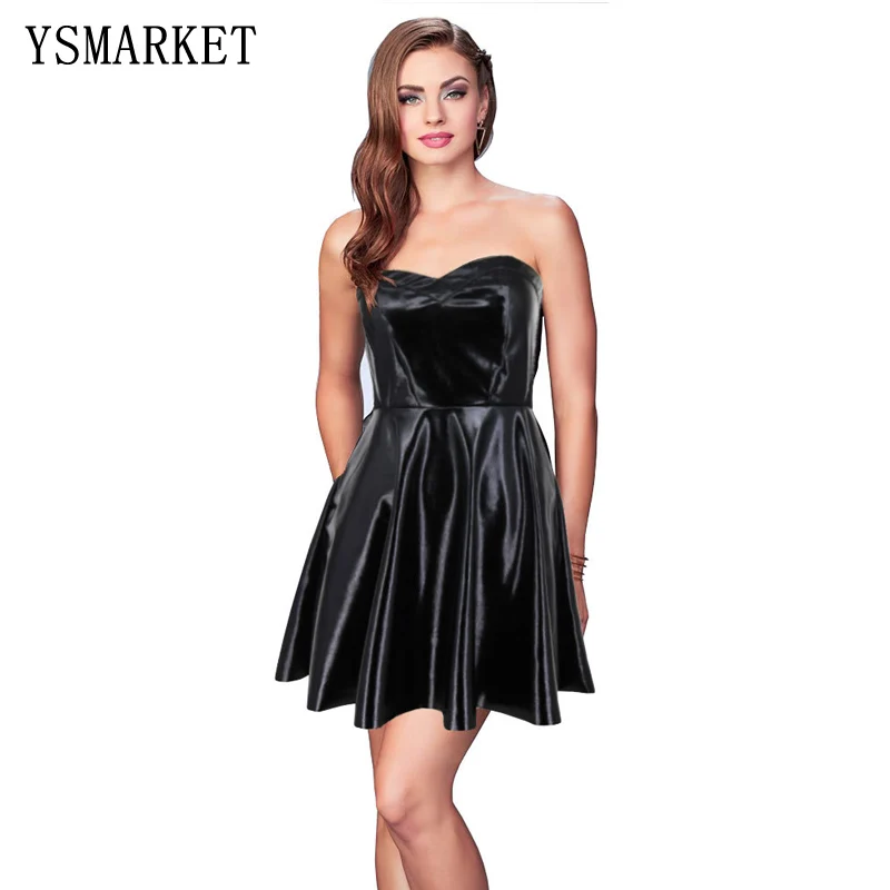 YSMARKET Black Faux Leather Sexy Off Shoulder Strapless Mini Dress with ...