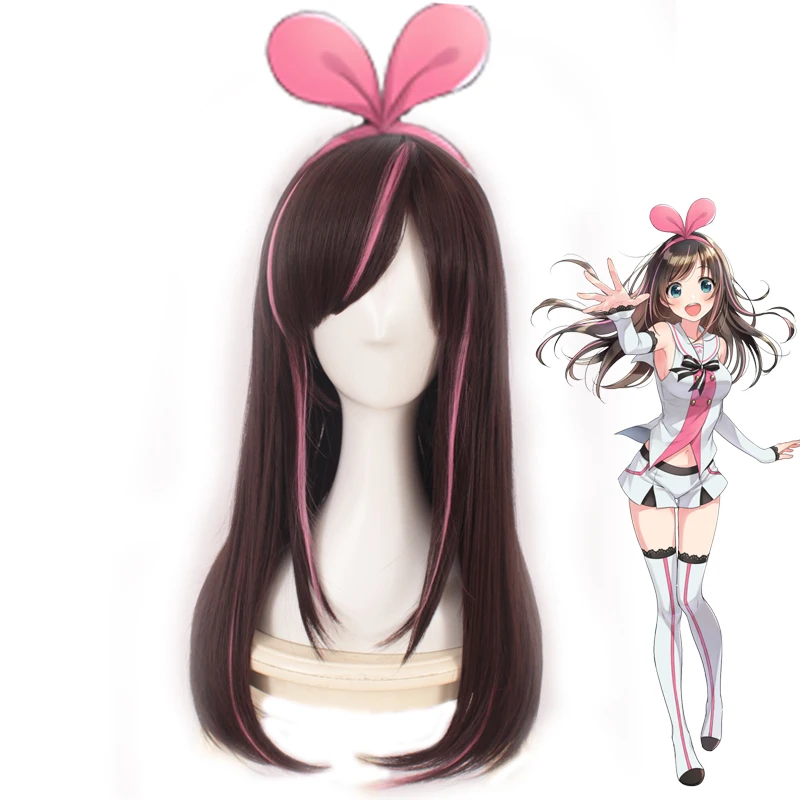 A.I.Kizuna Ai Косплей 60 см прямой коричневый смешанный розовый парик повязки вечерние